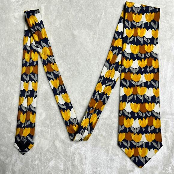 Hugo Boss Flat Silk Tie 54" x 4" Spring Easter Tulips Blue Yellow Brown Luxury - Picture 5 of 7